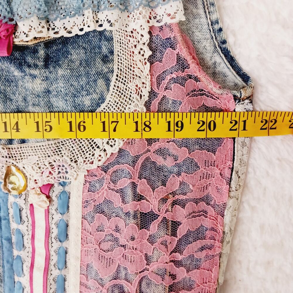 Vest Women Button-Up Jordache Demin Lace Ribbon Jewel Trim Pocket Custom Size XL - Picture 3 of 14